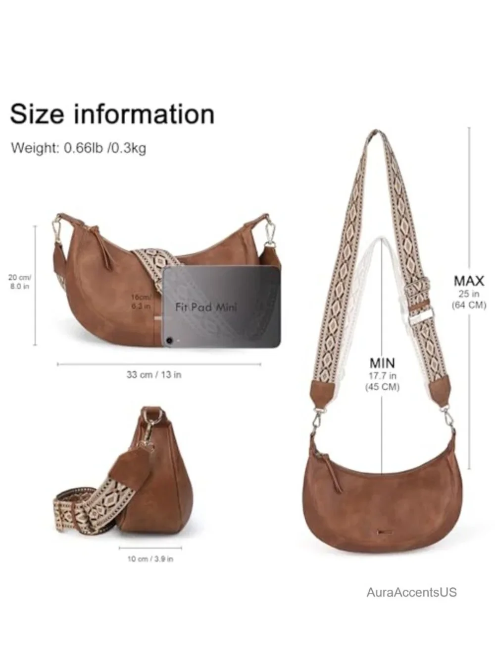 Boho Crescent Medium Hobo Crossbody Bag Vegan Leather Shoulder Purse